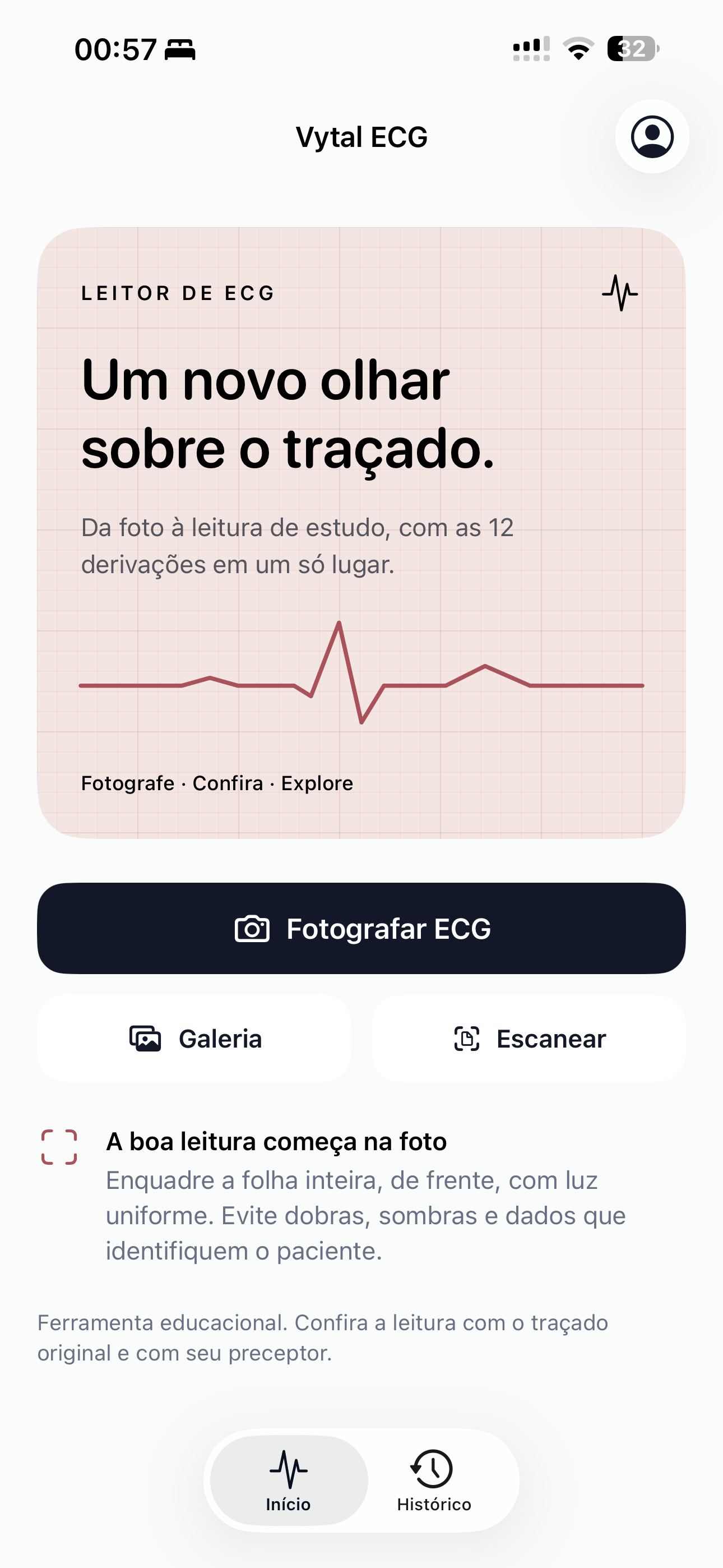 Tela inicial do Vytal ECG com o botão Fotografar ECG