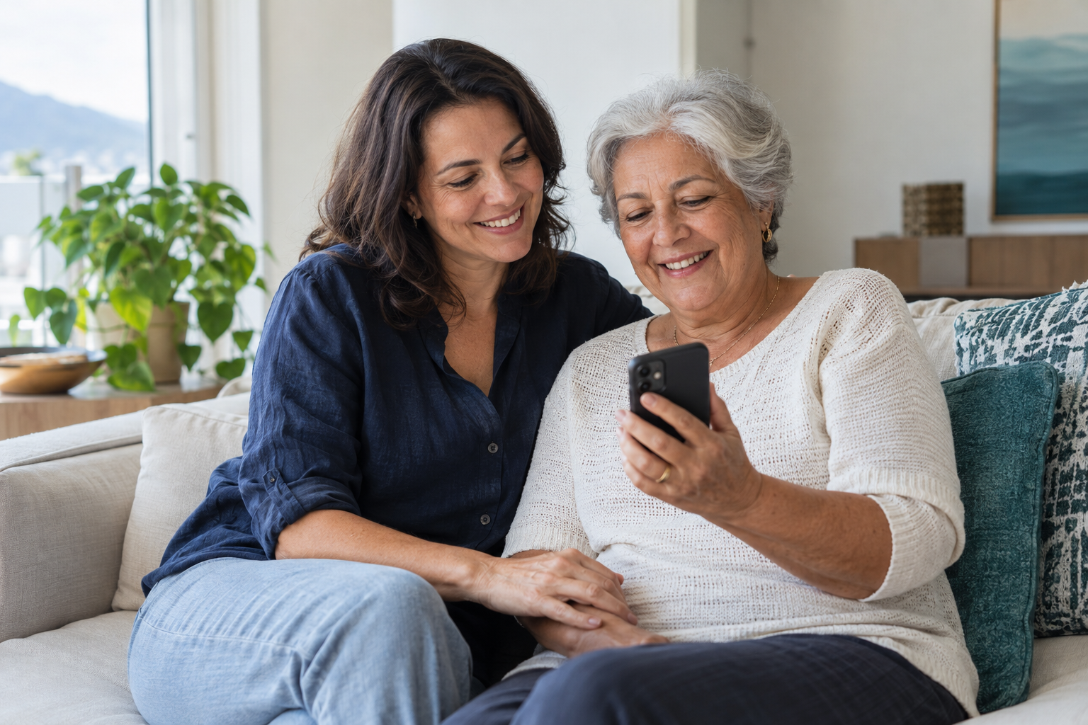 Mãe e filha olhando um celular juntas